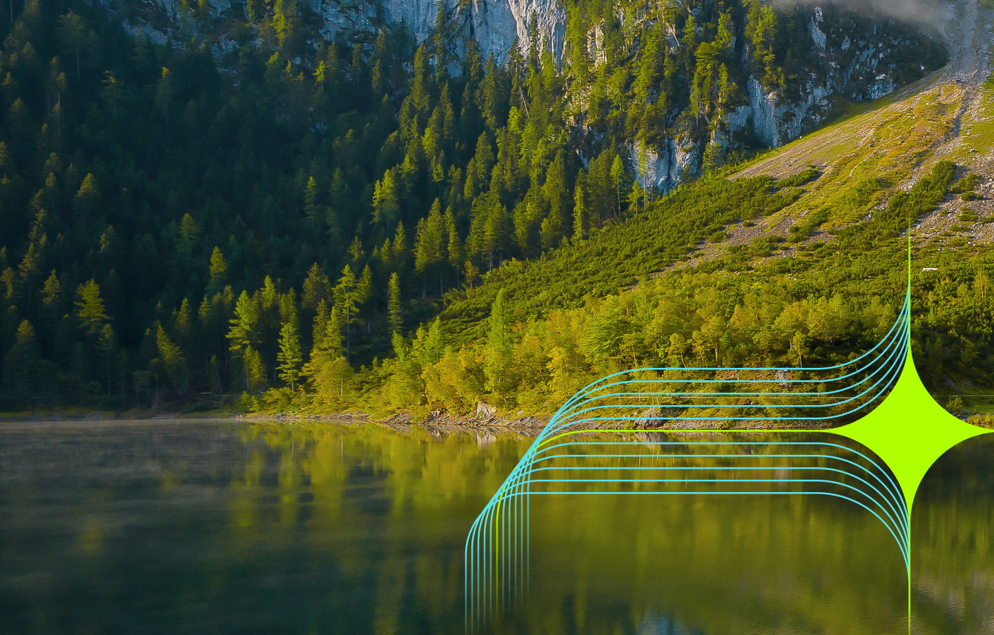 serene reflection of the Mountains in a calm lake, with pine-covered slopes rising in the background