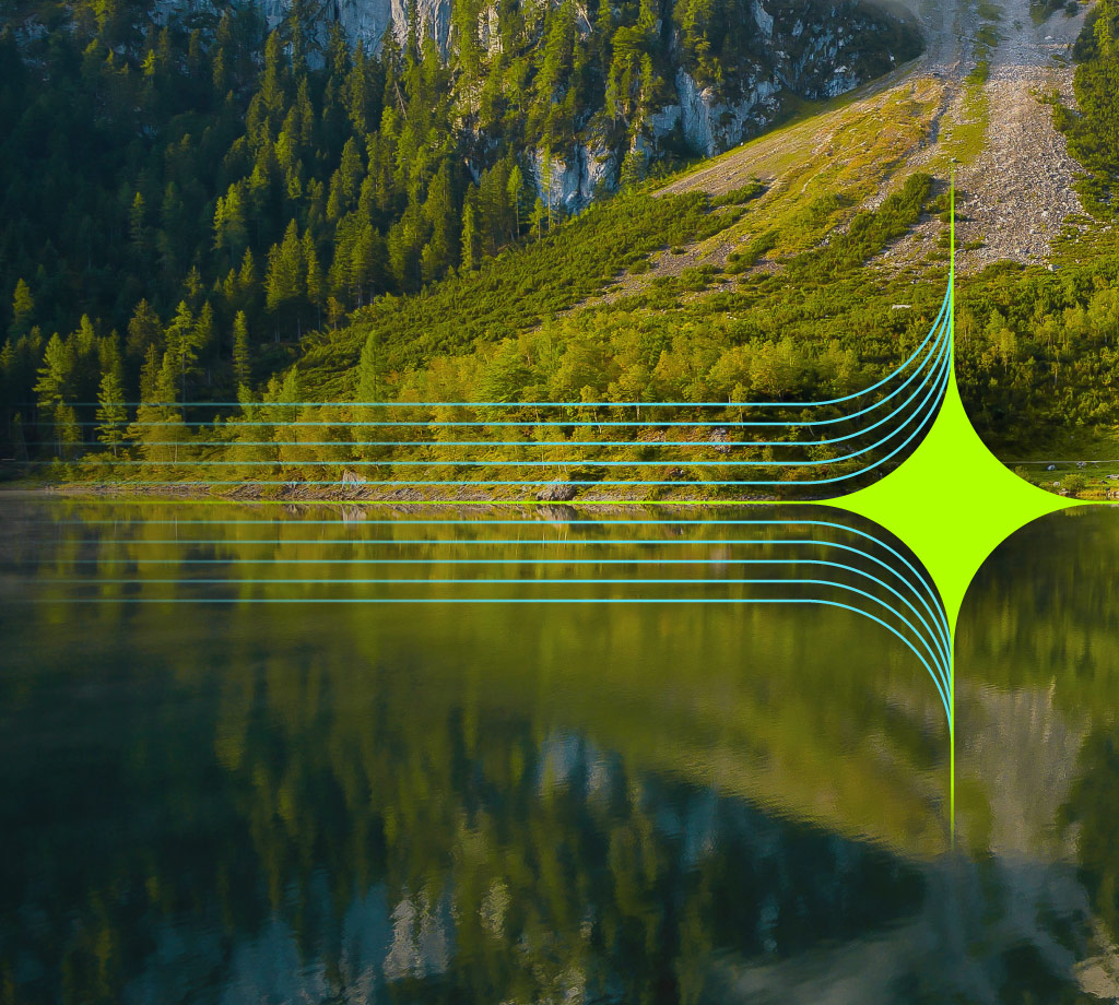 serene reflection of the Mountains in a calm lake, with pine-covered slopes rising in the background