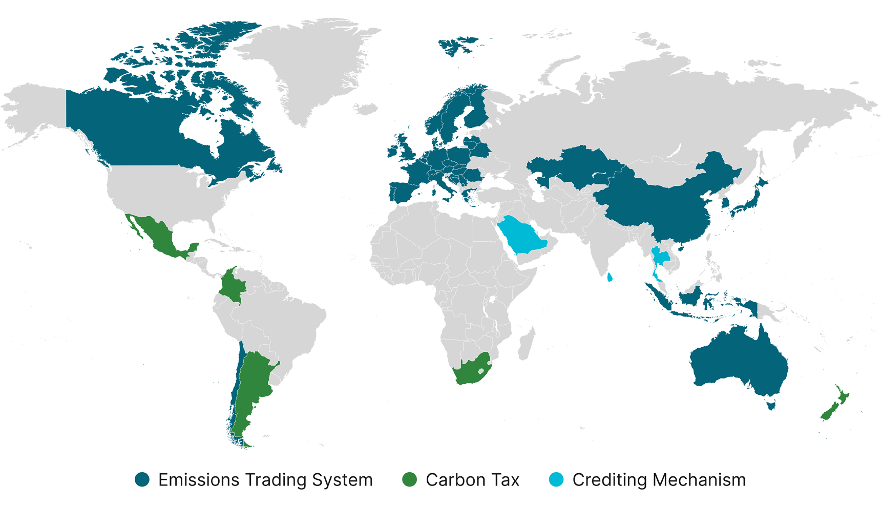 Map showing carbon pricing policies on the world map.