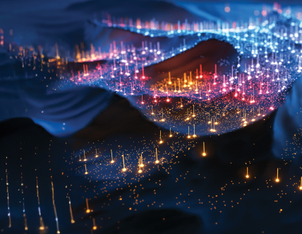 Image of multi-colored glowing data over landscape