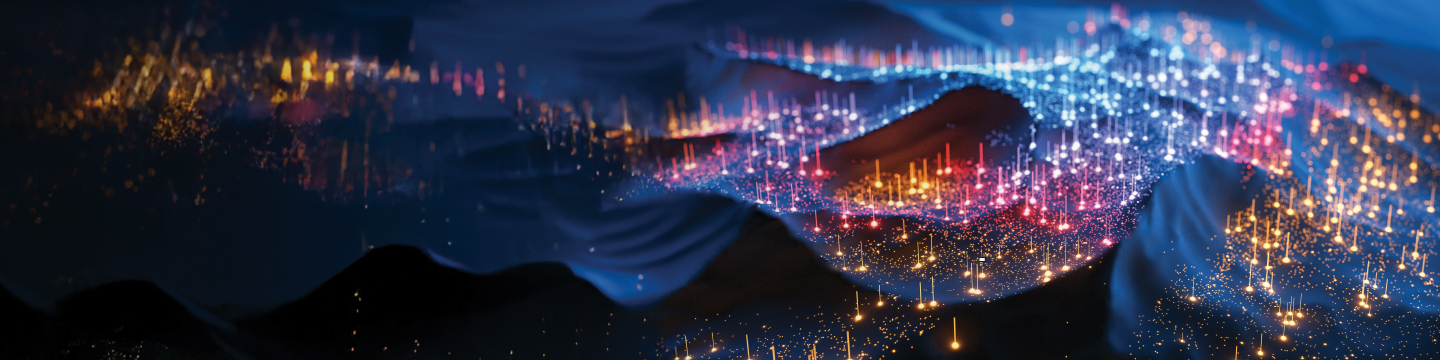 Image of multi-colored glowing data over landscape