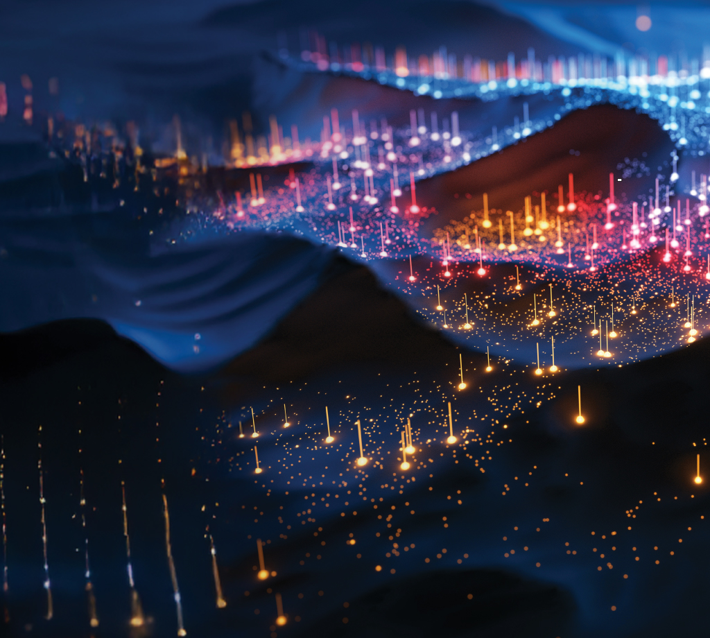 Image of multi-colored glowing data over landscape