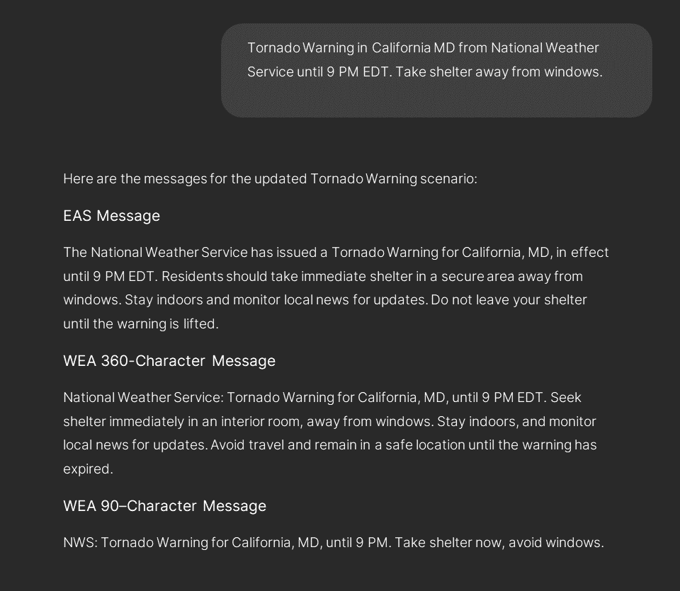 Tornado warning message generated by AI.
