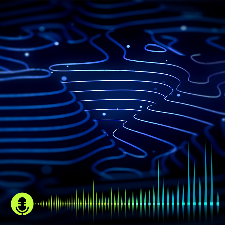 Abstract digital illustration featuring glowing blue contour-style lines on a dark background, with a green and blue audio waveform and microphone icon along the bottom, representing technology, data, and podcast audio content.