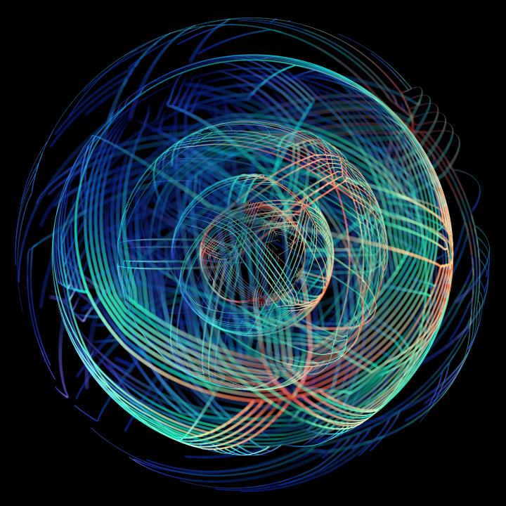 Digital generated image of multi layered spherical line traces connection on black background