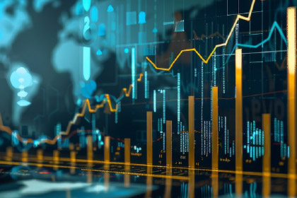 Orange graph on blue digital background