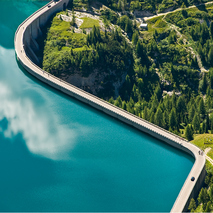 A winding bridge between a blue body of water and green lush forest.