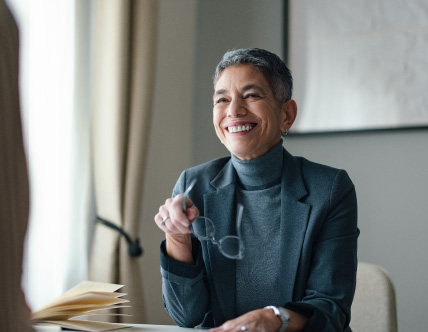 Woman in conversation smiling